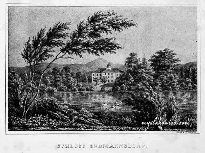 Pałac w Mysłakowicach (niem. Zillerthal-Erdmannsdorf, Erdmannsdorf). Autor: E. Sachse, 1836 rok.
