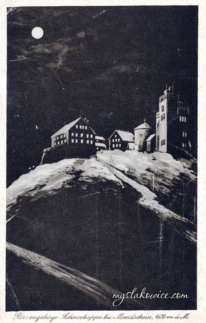 Poczt&oacute;wka Riesengebirge : Schneekoppe bei Mondschein 1605 m.&uuml;.M. ok 1910 rok