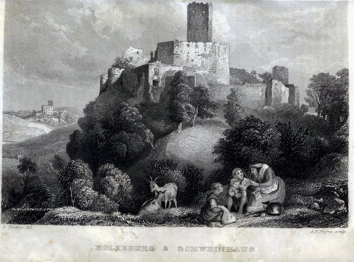 olk&oacute;w widok na zamek, w oddali panorama miejscowości Świny. ok 1840 rok