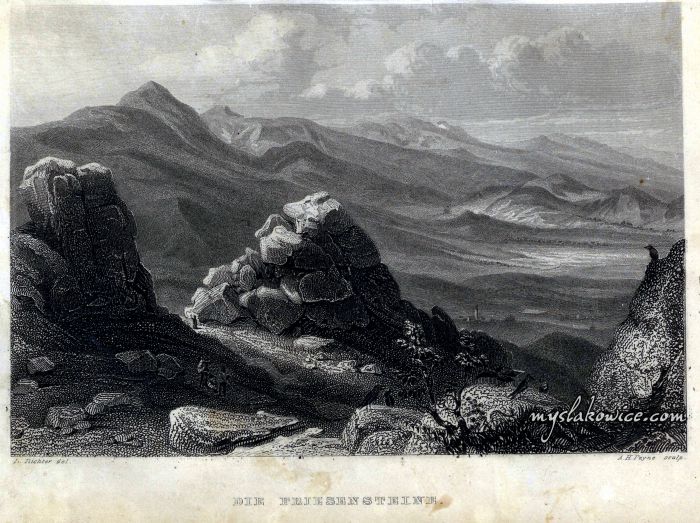 Die Friesensteine. Ostra Mała (936 m n.p.m.) Rudawy Janowickie. Staloryt. ok 1840 rok