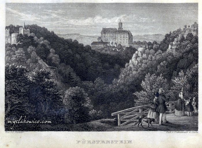 Książ (niem. pierwotnie Vorstinburg, potem F&uuml;rstenstein, a w latach 1945&ndash;1947 &bdquo;Książno&rdquo;). ok 1850 rok. 