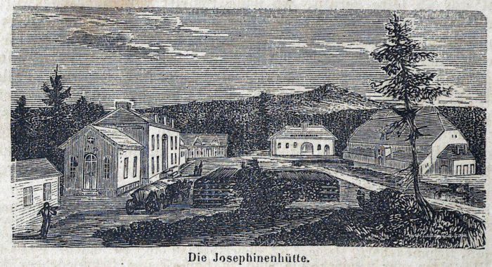 Założona przez hrabiego Leopolda von Schaffgotscha w 1842 roku, Huta szkła Josephine w Szklarskiej Porębie. Grafika z ok 1860 ro