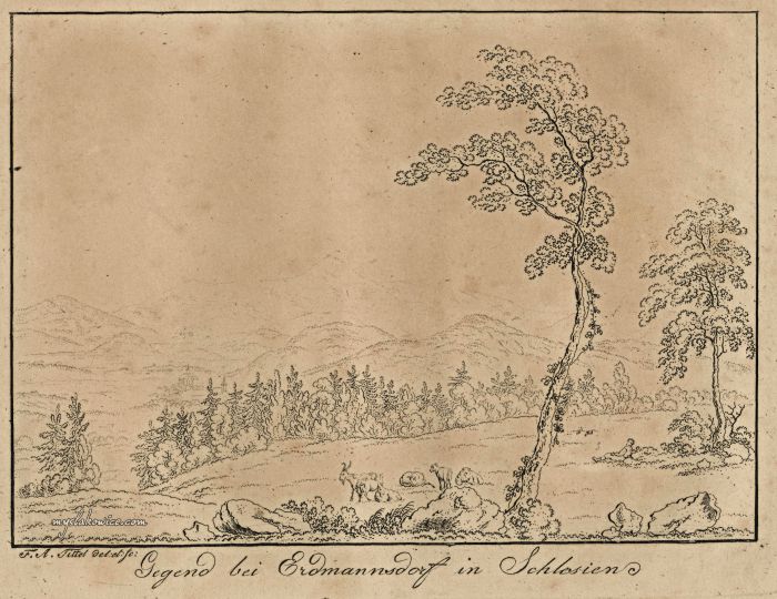 Widok na Karkonosze z okolic Mysłakowic (niem. Zillerthal-Erdmannsdorf, Erdmannsdorf). ok 1820 rok