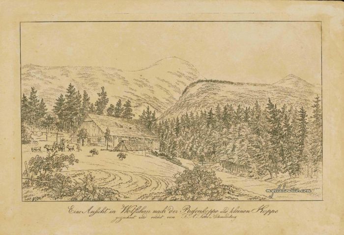 1822 rok. Wolfshau - Wilcza Poręba (Karpacz). Autor: Friedrich August Tittel (1782-1836) Rytownik.