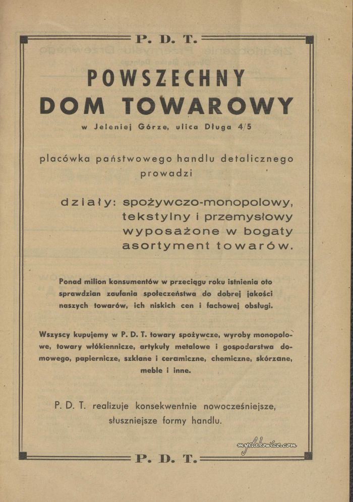 Reklama Domu Towarowego na ul. Długiej w Jeleniej G&oacute;rze. 1948 rok.