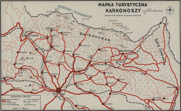 Turystyczna mapa Karkonoszy z 1946 roku. Mysłakowice jeszcze Turońsk...