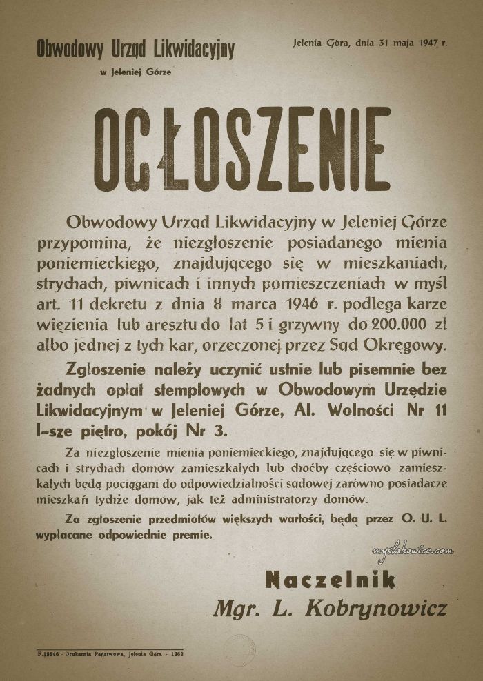 Ogłoszenie, Jelenia G&oacute;ra 1947 rok
