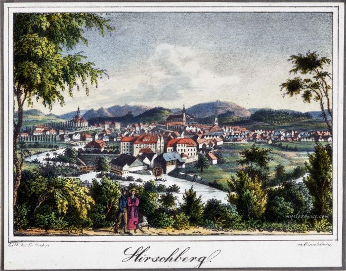 Jelenia G&oacute;ra (Hirschberg) ok 1850 rok, autor Theodore Sachse, rytownik, wydawca