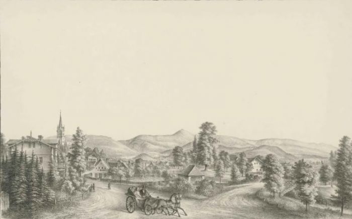 XIX wiek Litografia, autor Knippel, Ernst Wilhelm (1811-1900). Mysłakowice (niem. Zillerthal-Erdmannsdorf, Erdmannsdorf)