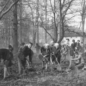 Mysłakowice. Uczniowie szkoły sprzątają park. ok 1960 r.