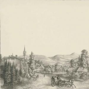 XIX wiek Litografia, autor Knippel, Ernst Wilhelm (1811-1900). Mysłakowice (niem. Zillerthal-Erdmannsdorf, Erdmannsdorf)