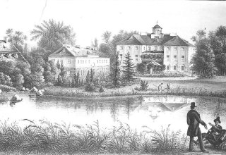 Pałac w Mysłakowicach przed przebudową. Litografia 1840 rok