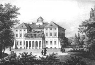 Pałac w Mysłakowicach przed przebudową. 1840 r. Grafika autorstwa Henryka Hinze. Fotokopia