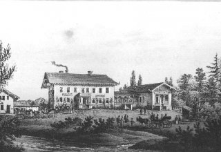 Mysłakowice Hotel Szwajcarski obok Pałacu. 1812 r. Fotokopia litografii.