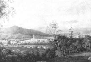 Mysłakowice widok na Kości&oacute;ł i Pałac 1844 r. Fotokopia akwareli autorstwa H. HIntze.