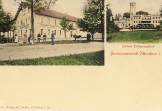 Gospoda Tyrolska( p&oacute;źniej restauracja "Pod Kasztanami") i Pałać Kr&oacute;lewski. 1930 r. Mysłakowice (niem. Zi