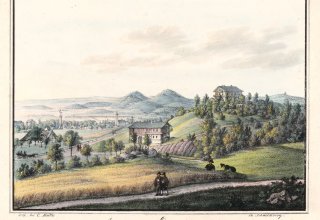 Erdmannsdorf (Mysłakowice) XIX wiek. Grafika Carla Theodora Mattisa