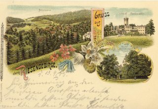 Pałac Mysłakowice, Pałac Wojk&oacute;w, Nowy Dw&oacute;r Kowary. 1903 rok. Poczt&oacute;wka