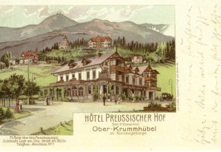 Krummh&uuml;bel (Karpacz) 1897 rok. DW "Chrobry". Litografia O. Keila z Jagniątkowa.