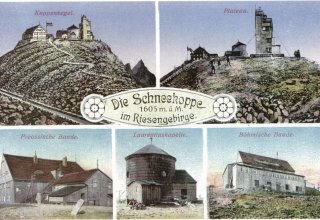 Stara poczt&oacute;wka Śnieżka i schroniska. 1915 rok