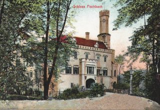 Poczt&oacute;wka ok 1910 rok. Pałac w Karpnikach, (niem. Fischbach)