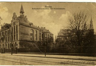 Breslau. Wrocław, Szpital Bethesda (Bethesda-Krankenhaus), Kości&oacute;ł św. Henryka ok 1920 rok.