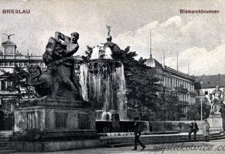 Breslau. Wrocław, K&ouml;nigsplatz (Plac 1-go Maja/Plac Jana Pawła II) - Bismarckbrunnen (Fontanna Bismarcka) 1908 rok.
