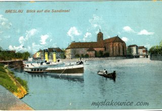 Breslau, Wroclaw. 1910 rok. Wyspa Piaskowa (Sandinsel) - widok od strony Odry