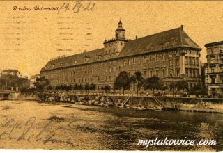 Uniwersytet Wrocławski (Breslau) - widok zewnętrzny gmachu od strony Odry. 1922 rok