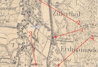 Dawna mapa Mysłakowic. (niem. Zillerthal-Erdmannsdorf). Dodaliśmy podpowiedzi :  1. Dworzec. 2. Pałac . 3. Orzeł 4.ul.Szkolna