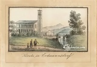 Kości&oacute;l w Mysłakowicach (niem. Zillerthal-Erdmannsdorf, Erdmannsdorf). Autor Carl Theodor Mattis.