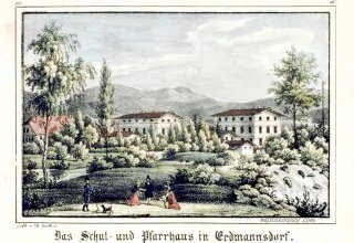 Szkoła i plebania w Mysłakowicach (niem. Zillerthal-Erdmannsdorf, Erdmannsdorf). Autor: Theodor Sachse, (1815-1891)