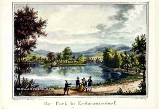 Park w Mysłakowicach (niem. Zillerthal-Erdmannsdorf, Erdmannsdorf). 1860 rok. Autor: Theodor Sachse, (1815-1891)