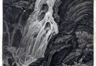 Karkonosze, wodospad Łaby (Labsk&yacute; vodop&aacute;d), na grafice nie ma jeszcze schroniska Labsk&aacute; bouda (Elbfallbaude