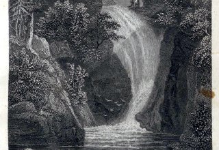 Wodospad Szklarki &ndash; drugi co do wysokości, po Wodospadzie Kamieńczyka wodospad w polskich Karkonoszach. ok 1850 rok.