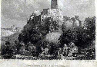 olk&oacute;w widok na zamek, w oddali panorama miejscowości Świny. ok 1840 rok