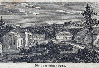 Założona przez hrabiego Leopolda von Schaffgotscha w 1842 roku, Huta szkła Josephine w Szklarskiej Porębie. Grafika z ok 1860 ro