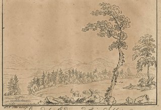 Widok na Karkonosze z okolic Mysłakowic (niem. Zillerthal-Erdmannsdorf, Erdmannsdorf). ok 1820 rok