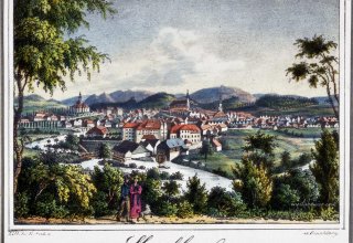 Jelenia G&oacute;ra (Hirschberg) ok 1850 rok, autor Theodore Sachse, rytownik, wydawca