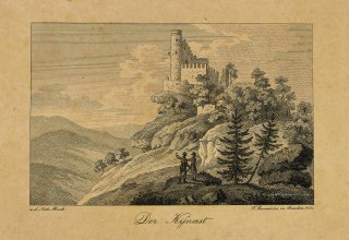 1821 rok. Zamek Chojnik (Jelenia G&oacute;ra) (Hirschberg),  Rytownik Friedrich Rossm&auml;ssler, autor wzoru Carl Friedrich Mos