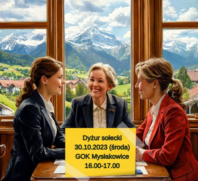 Dyżur Sołecki 30 października 2024 r., w Gminnym Ośrodku Kultury w Mysłakowicach. Godziny 16:00 do 17:00.